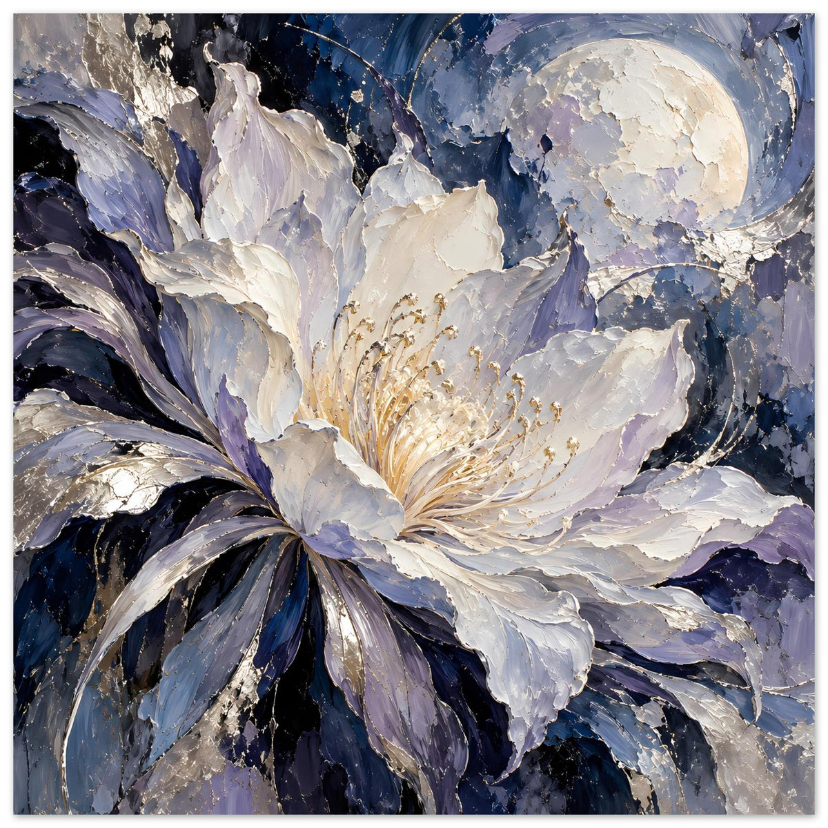 Poster-Druck mit weiß-violetter Blüte und goldenen Staubfäden, blau-violetter Farbverlauf