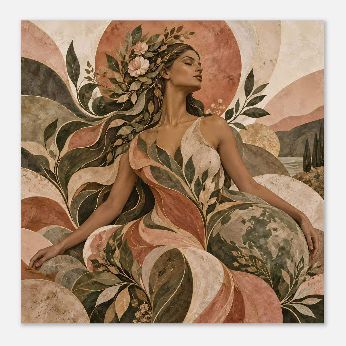 Kunst-Poster mit Frauenporträt und Blattkranz, warmes Erdtönen-Design