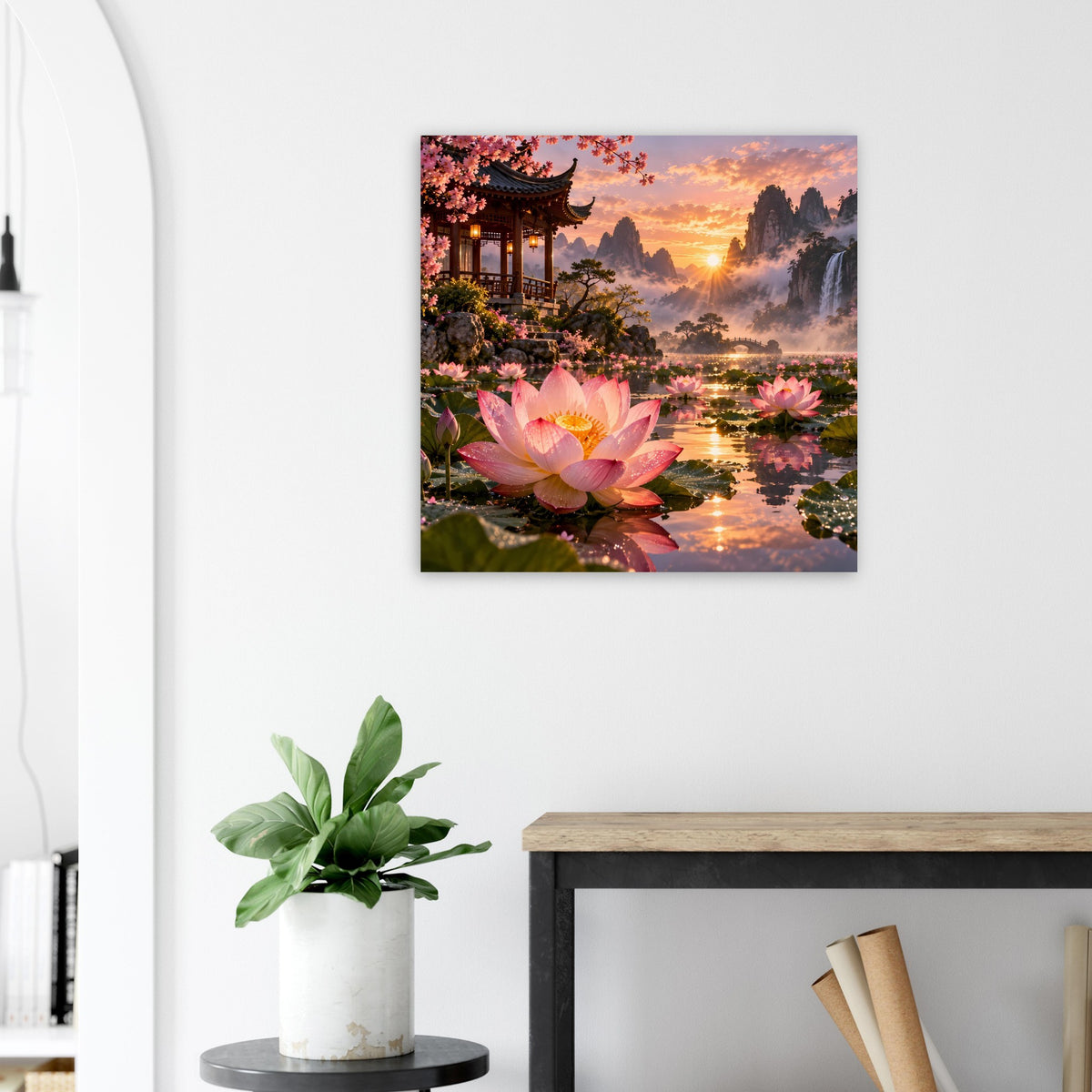 Quadratisches Poster: Lotusblüten- und Wasserlandschaft mit Tempel bei Sonnenuntergang