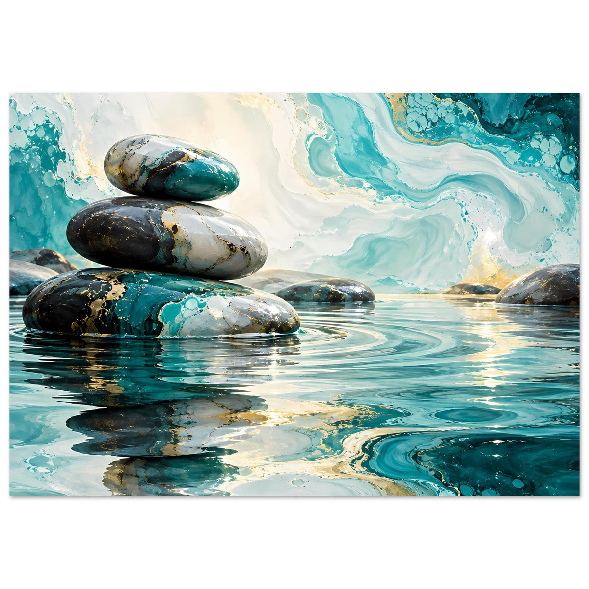Zen-Poster: Marmorsteine im Fokus, türkisblaues Wasser mit Wellenlinien und Goldschimmern