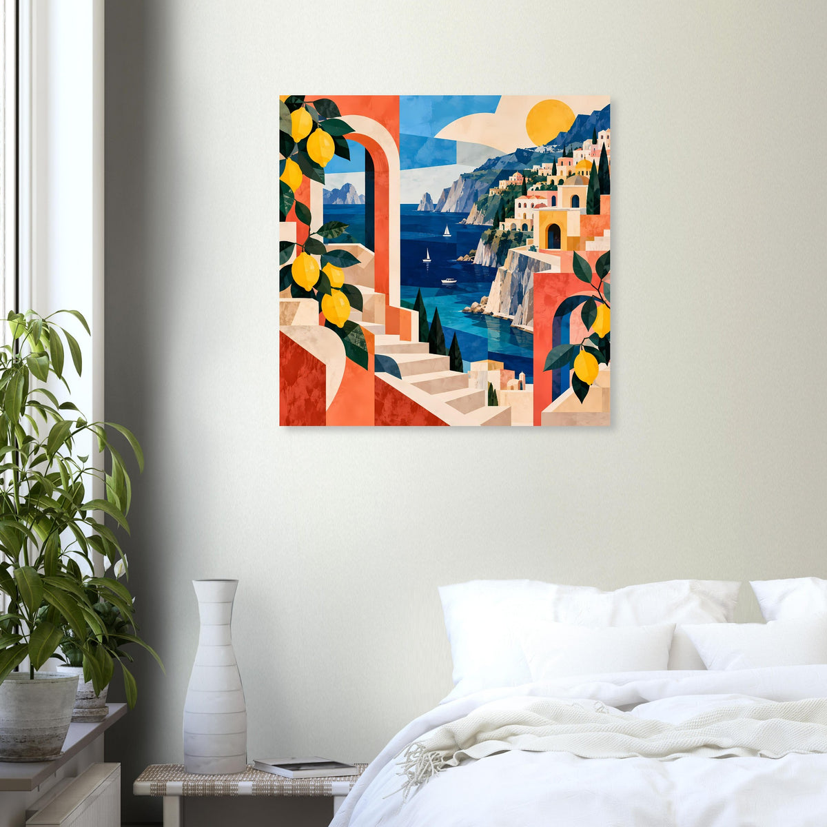 Kunstposter mit Meerblick, mediterranen Bögen und gelben Zitronen an den Rändern