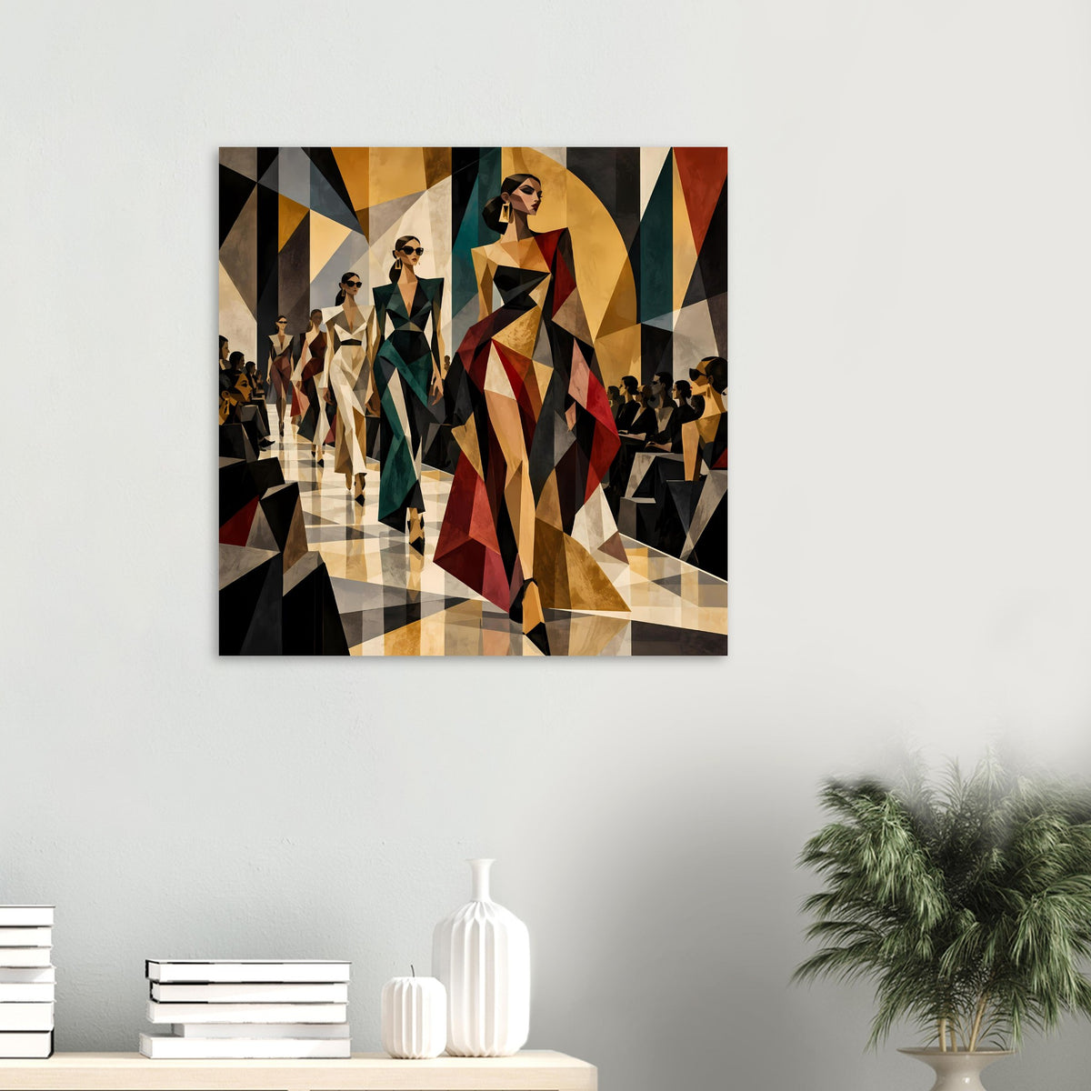 Kleines Fashion-Poster mit geometrischer Laufstegszene, Frauen in Juwelenfarben