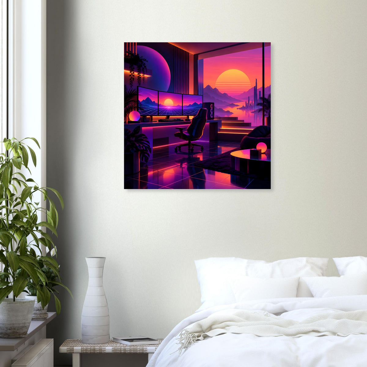 Quadratisches Neon-Poster mit futuristischer Terrasse, orange Sonne und violettem, pinkem Licht