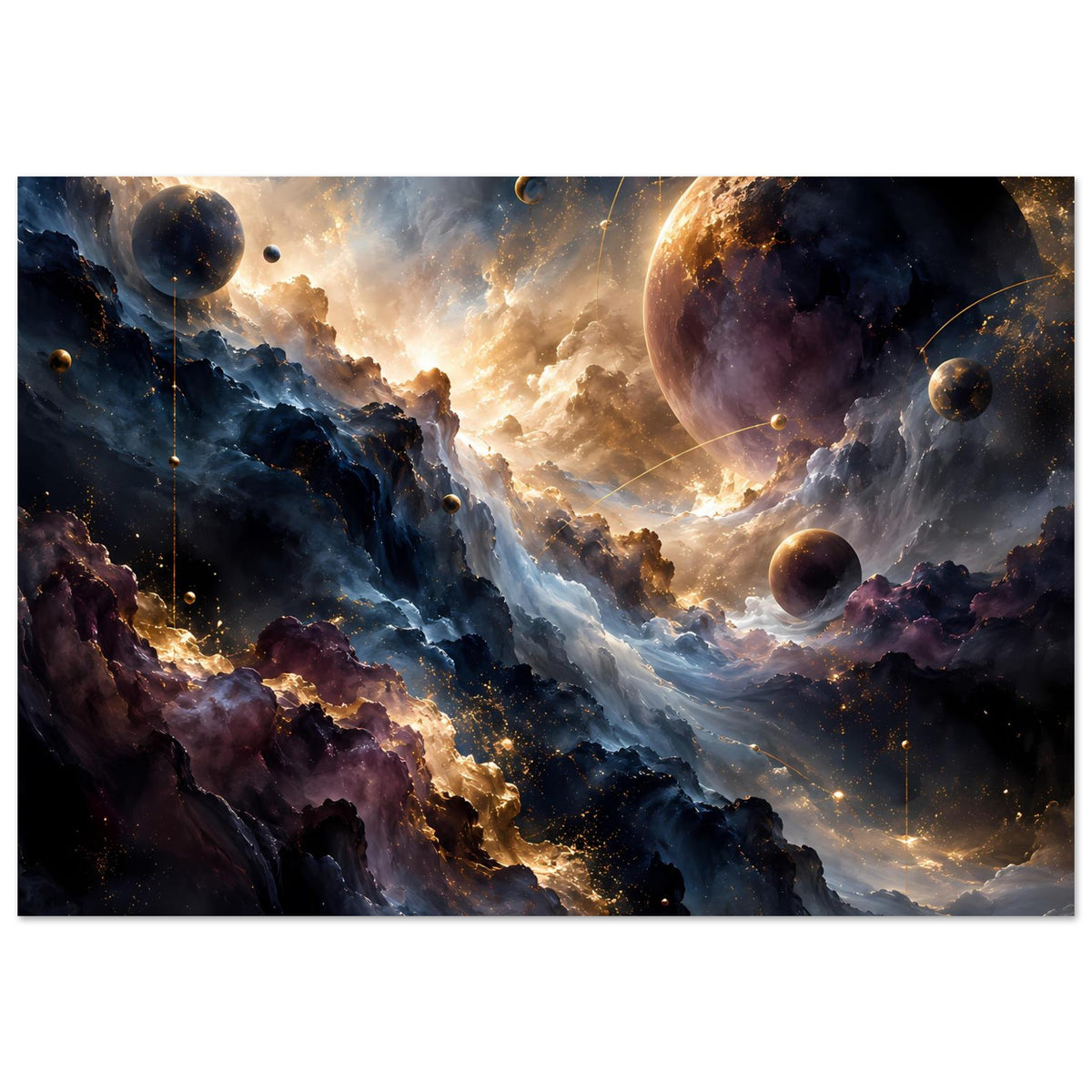 Weltraum-Kunstposter, breite Ansicht: mehrere Planeten, violette Nebel und funkelnde Partikel