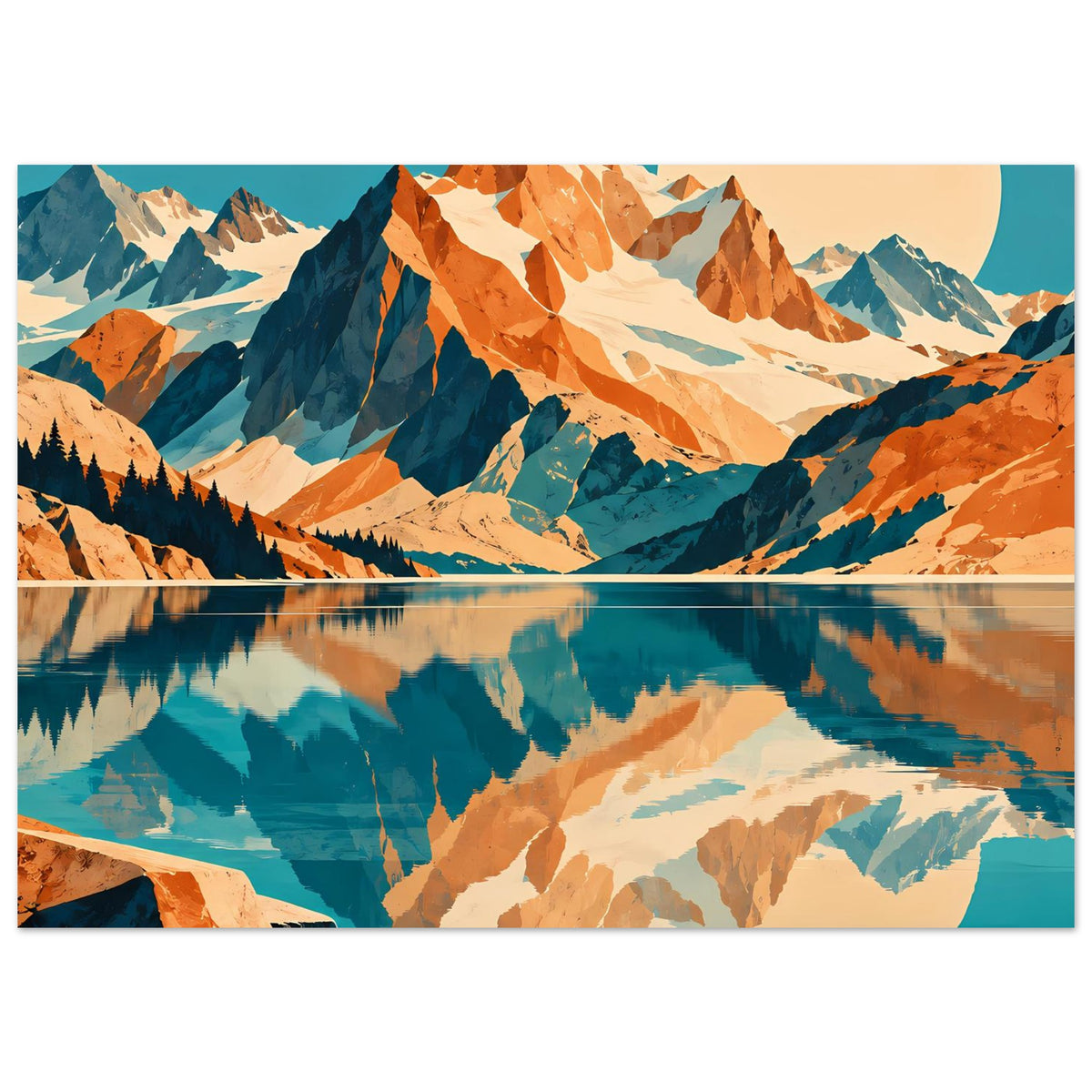 Naturposter: bunte Berge und Spiegelung im See, Blau- und Orangetöne im Motiv