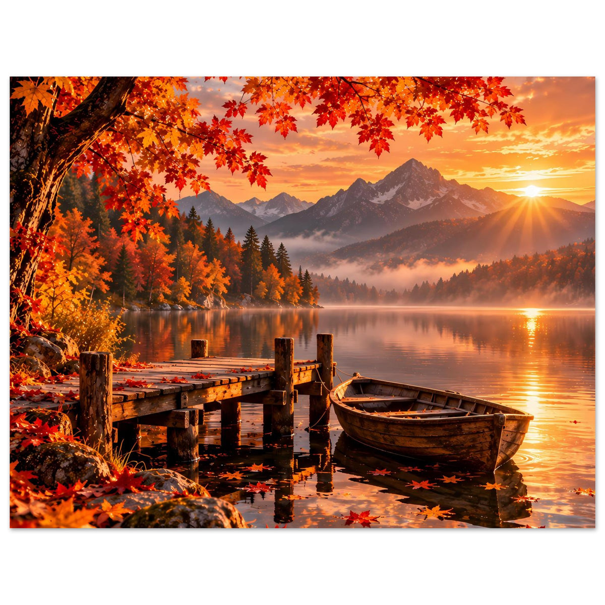 Herbstlandschaft-Poster mit See, Holzsteg, Boot und Sonne rechts im Bild