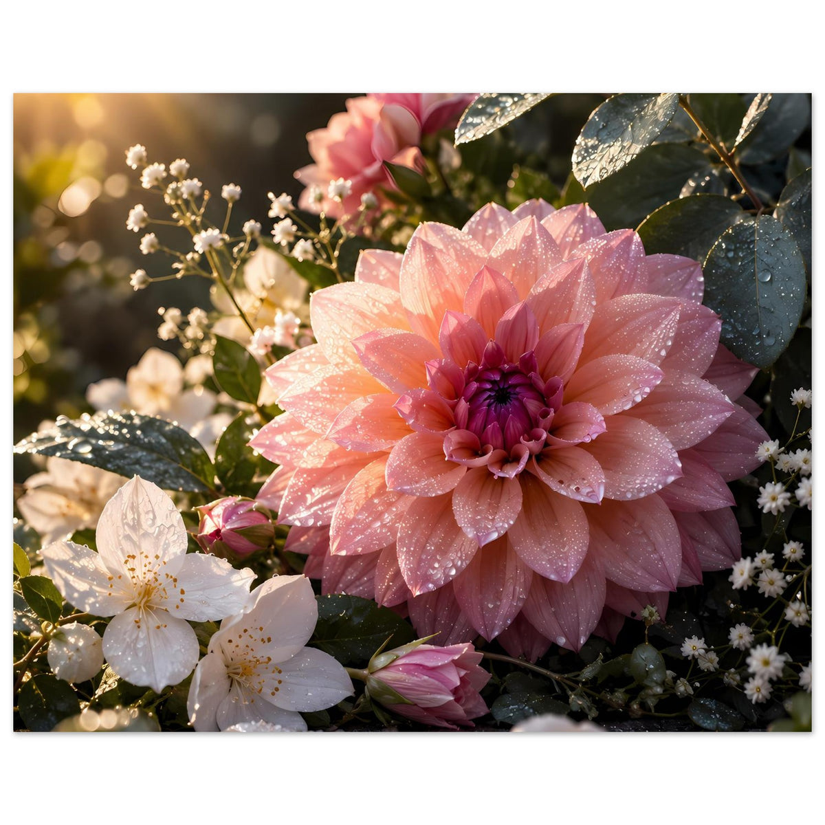 Blumenposter im Querformat mit großer rosafarbener Dahlie und weißen Blüten