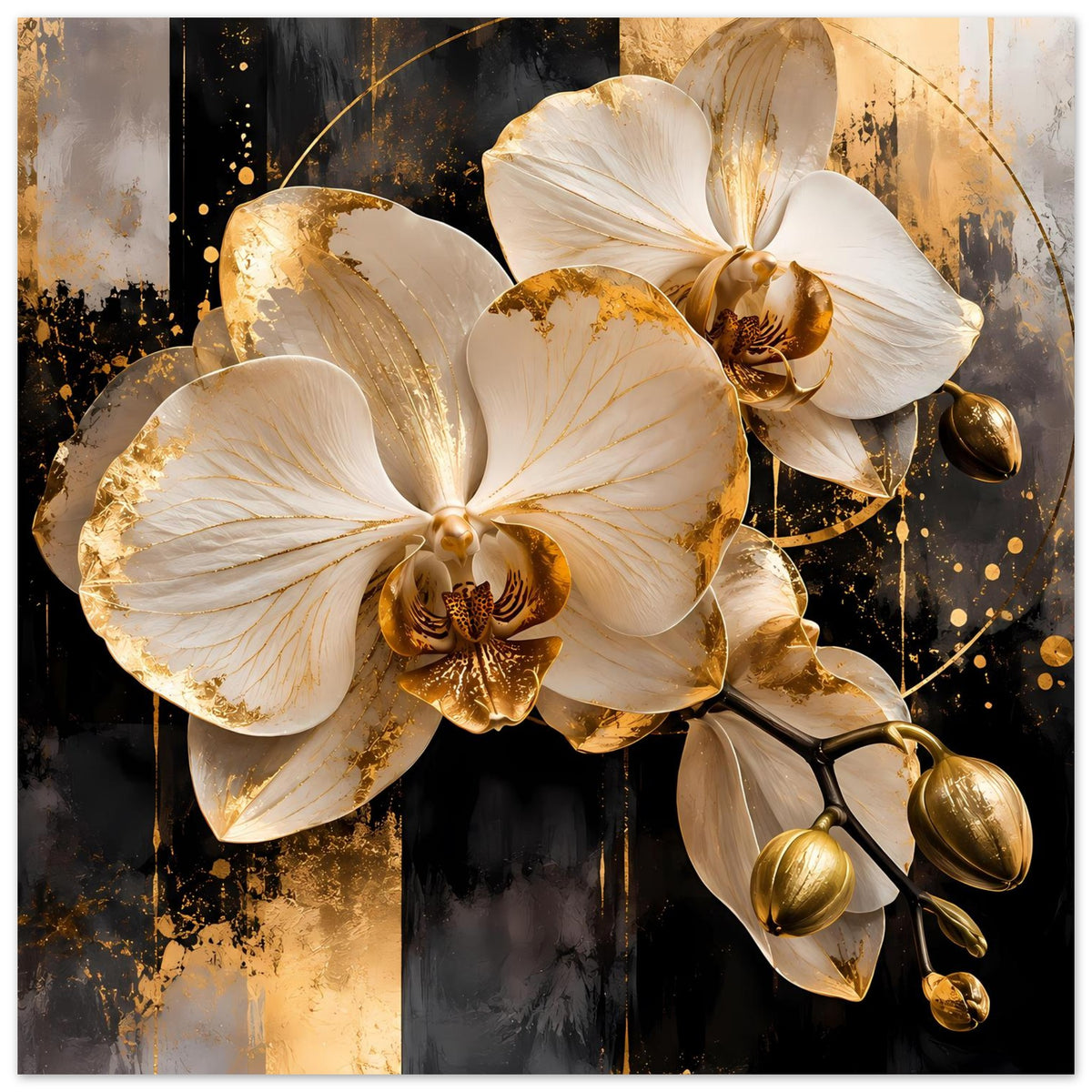 Orchideen-Poster: cremefarbene Orchideenblüten mit goldenem Glanz und dekorativen Ornamenten