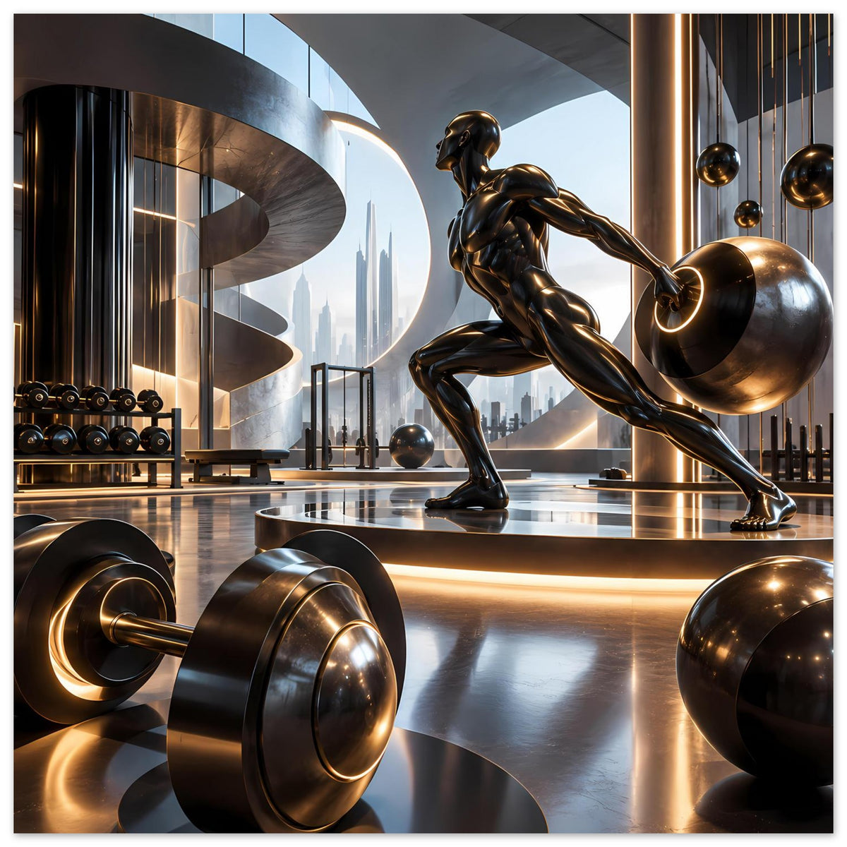 Fitness-Poster, breite Ansicht: Bronze-Sportlerin, große Hantel und Trainingsgeräte