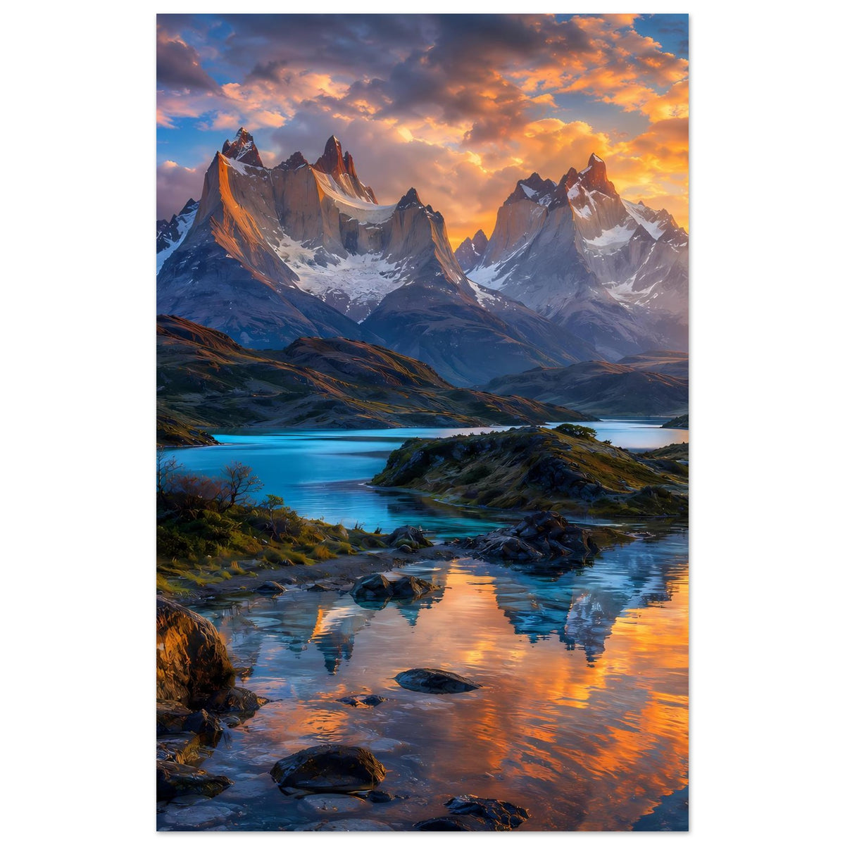 Poster im Hochformat mit Bergpanorama bei Sonnenuntergang und schmalem Wasserlauf