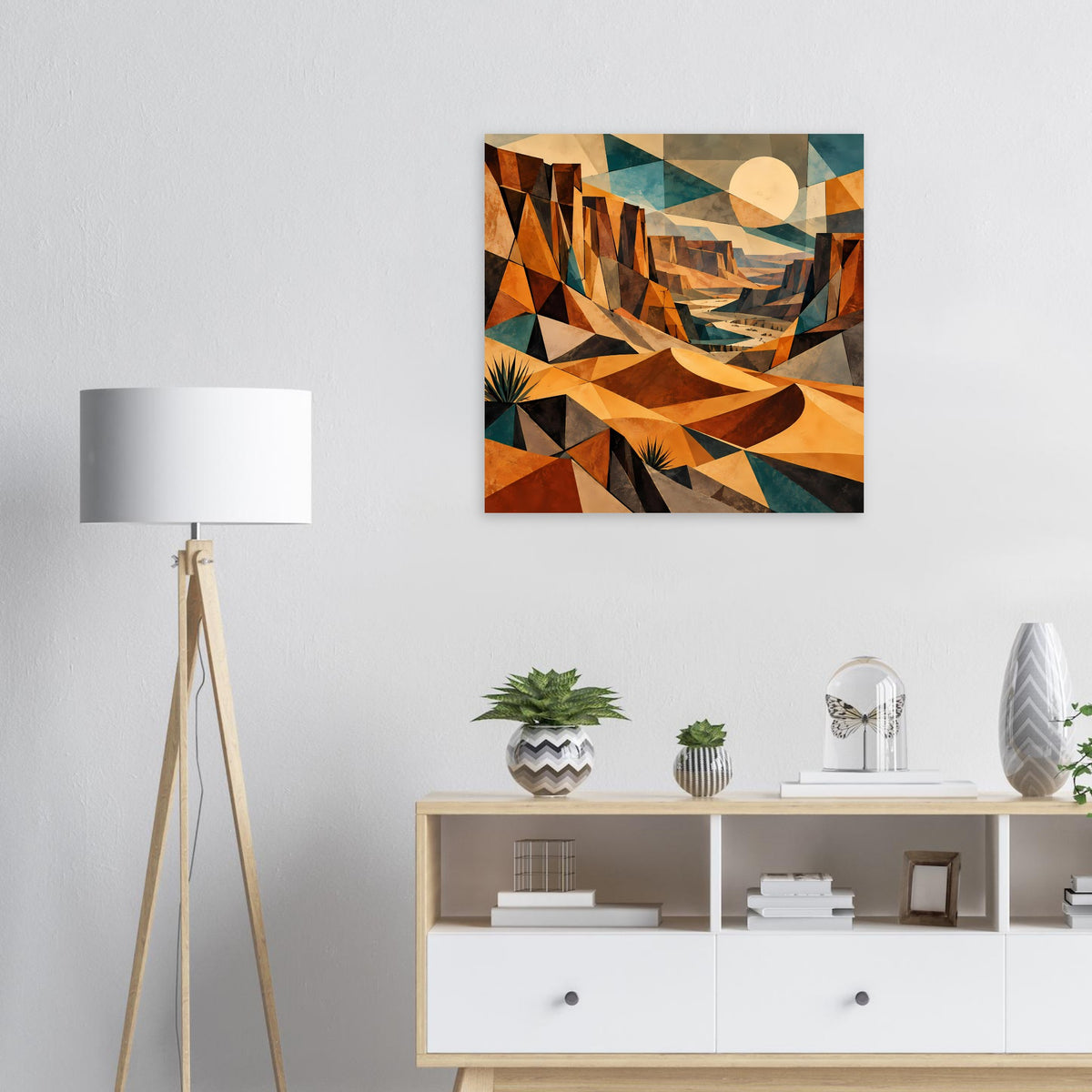 Geometrisches Wüstenlandschafts-Poster, Dreiecke in warmen Erdtönen mit rundem Sonnemotiv