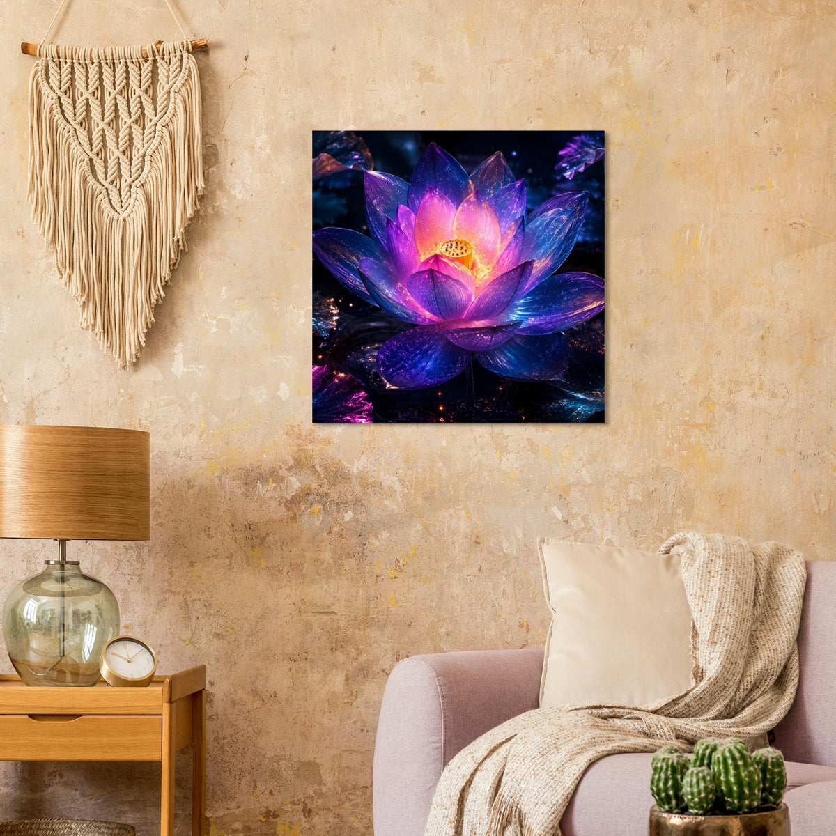 Quadratisches Poster mit leuchtender Lotusblume, violett-pinke Blütenblätter, goldenes Zentrum