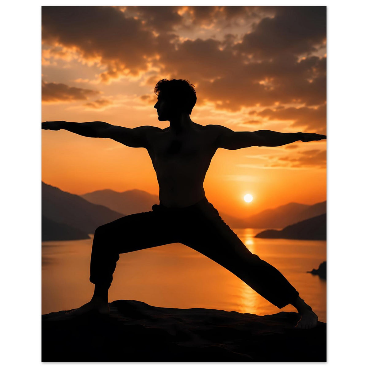 Yoga-Krieger-Pose Poster mit dunkler Silhouette beim Sonnenuntergang, vertikal