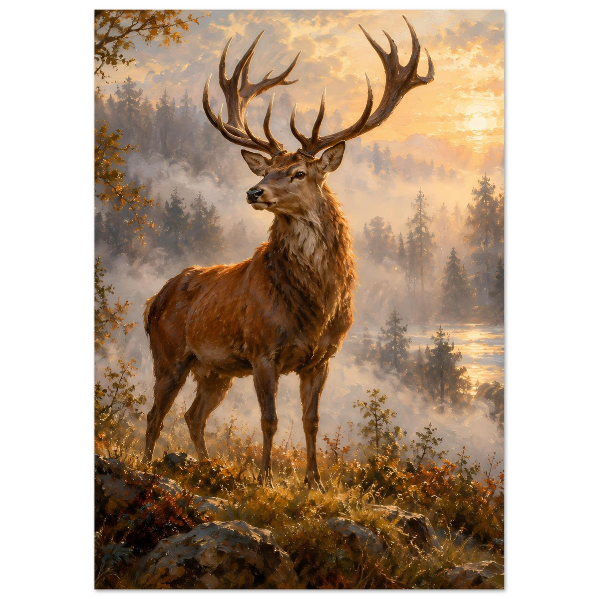 Hirschposter, brauner Hirsch mit Geweih vor Waldkulisse im goldenen Morgenlicht
