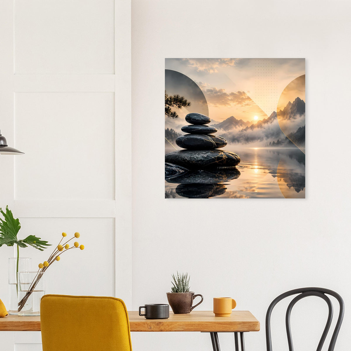 Quadratisches Wandposter: Steinhaufen im Vordergrund, Sonnenaufgang über Bergen