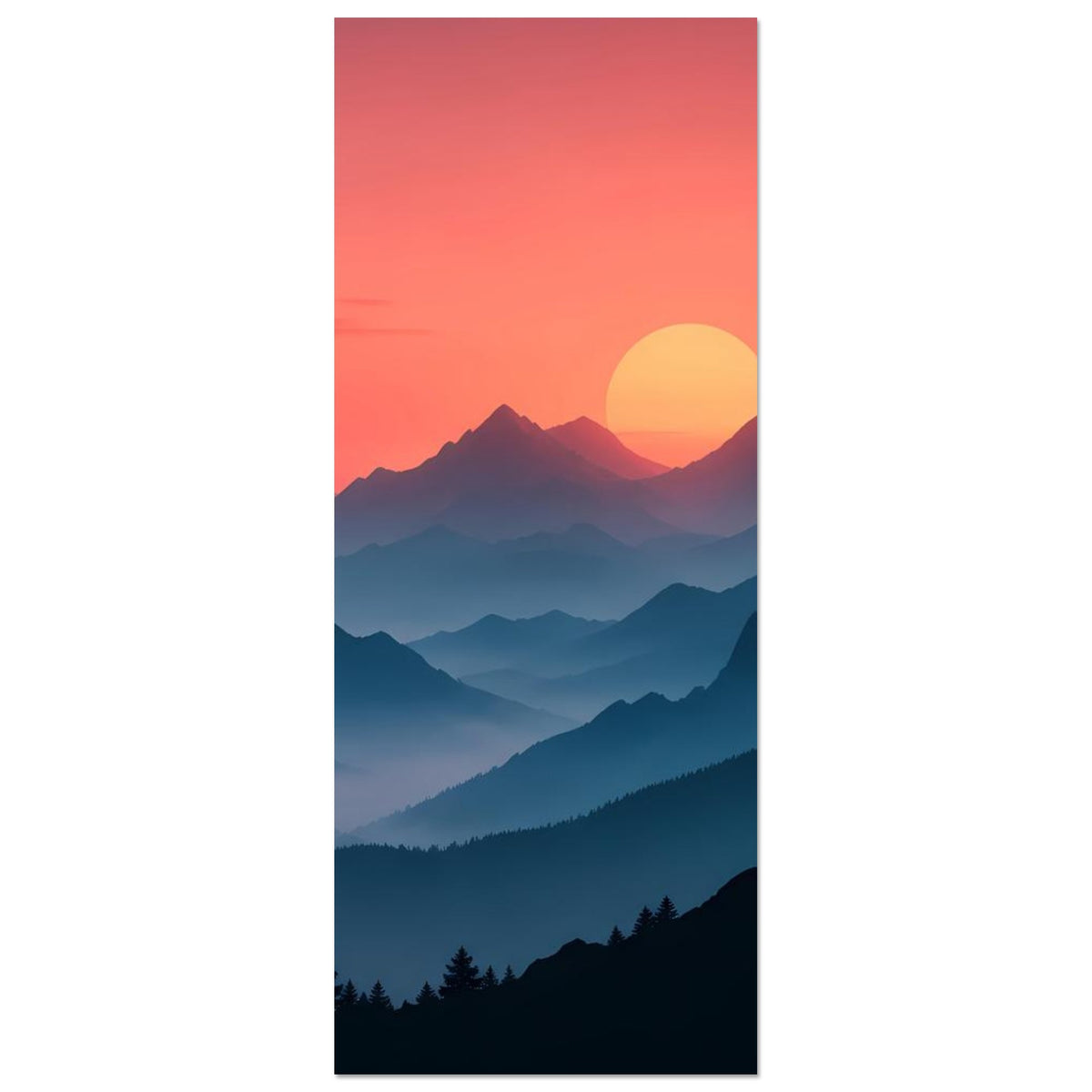 Hochformatiges Landschaftsposter mit Sonnenuntergang, gelber Sonne und blauen Talbergen