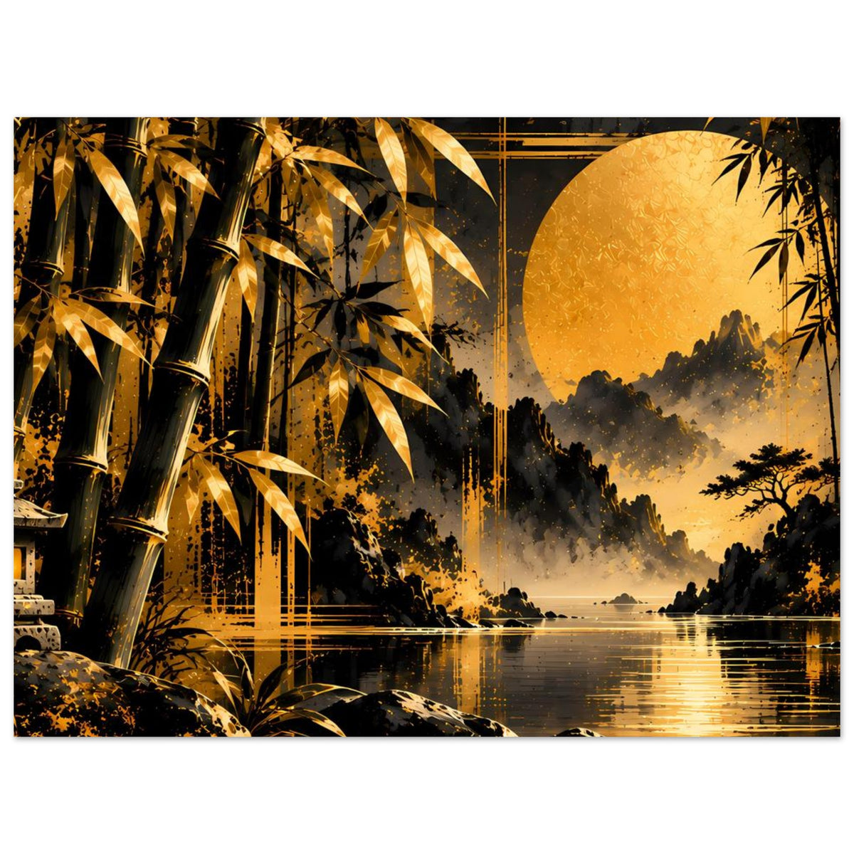 Querformat-Poster: goldener Bambus, orangefarbener Mond, Landschaft über Wasser