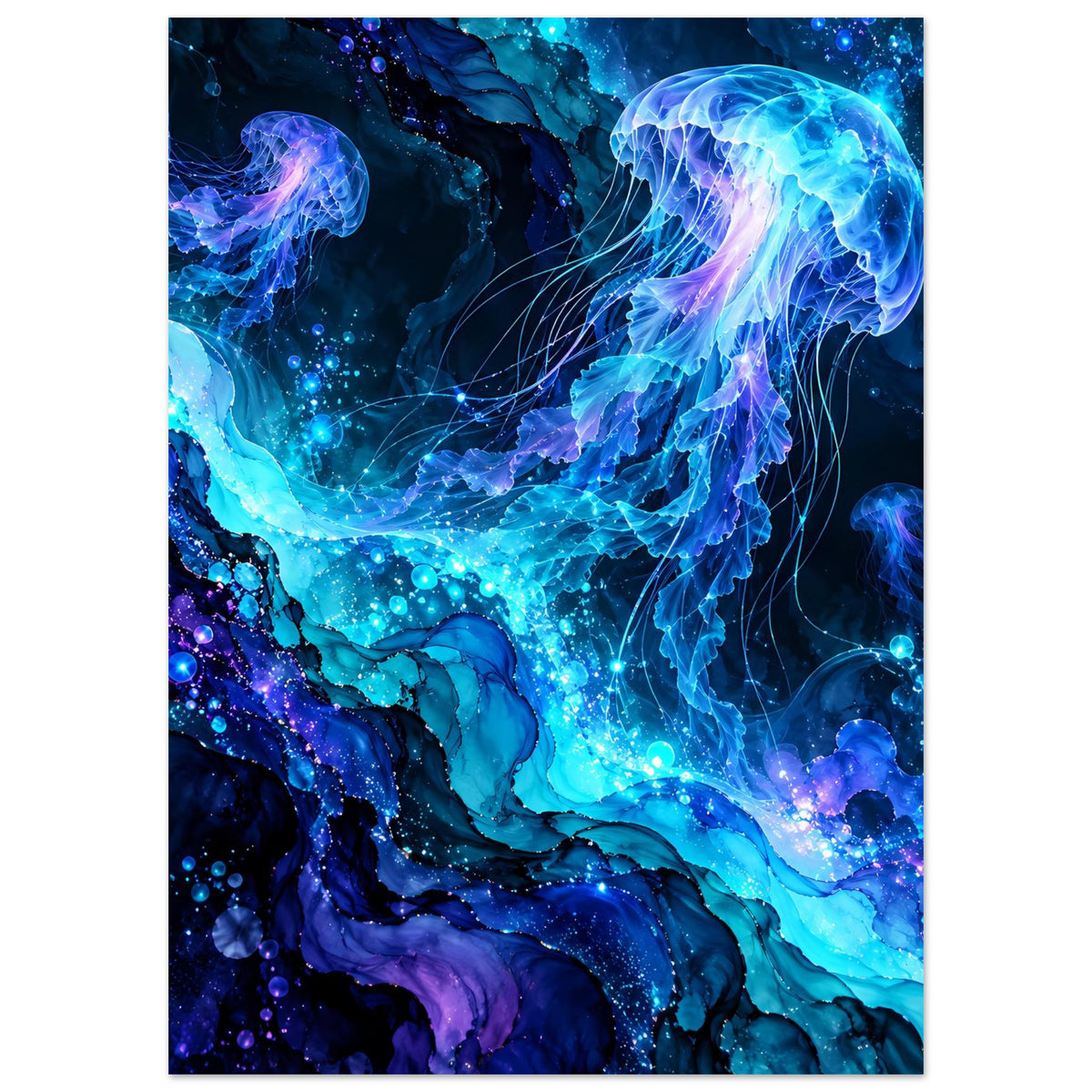 Leuchtendes Quallen-Poster mit leuchtender Quallenwelle, vielen blauen Lichtpunkten und Blasen