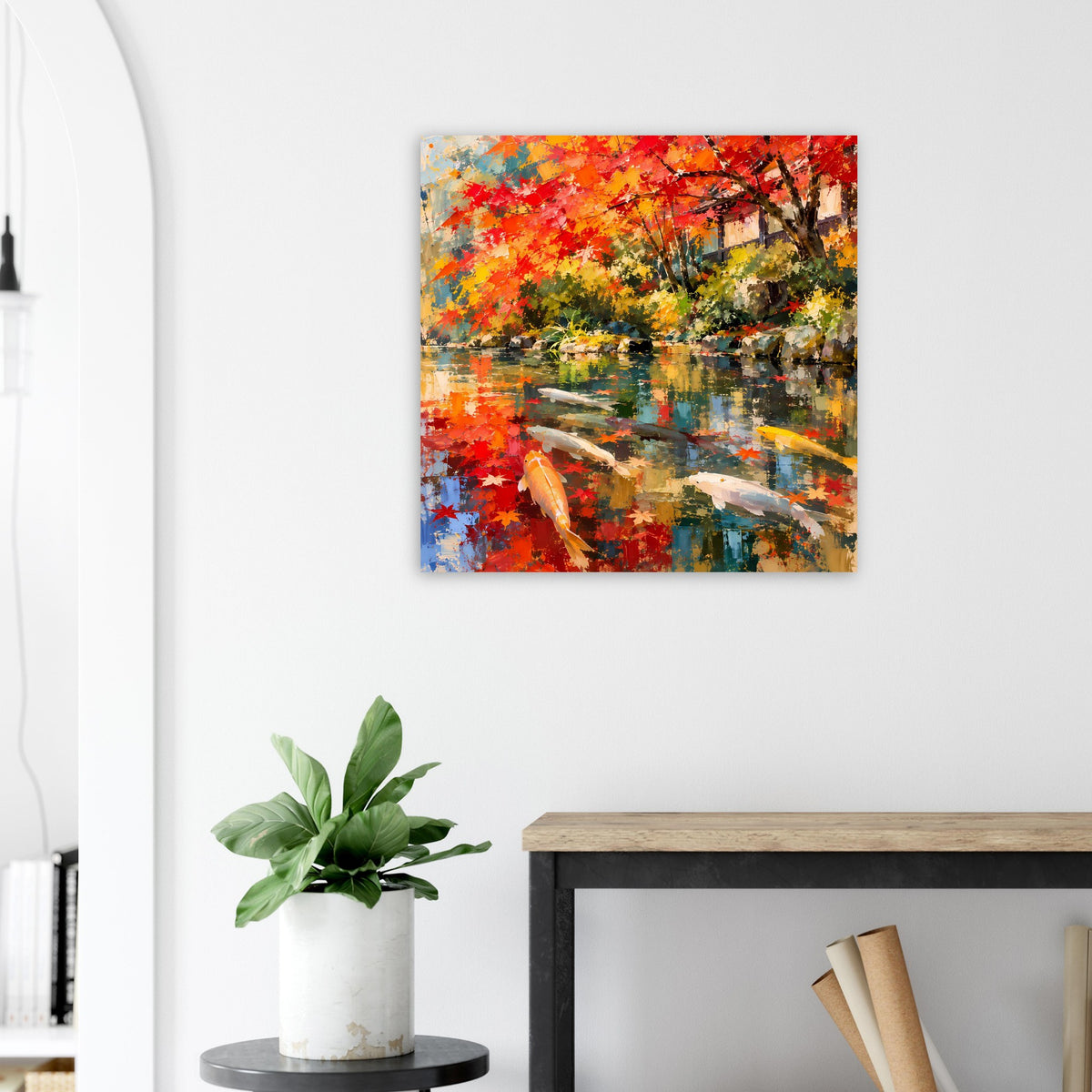 Quadratisches Kunstdruck-Poster mit Koi-Teich, bunten Herbstbäumen und reflektierendem Wasser