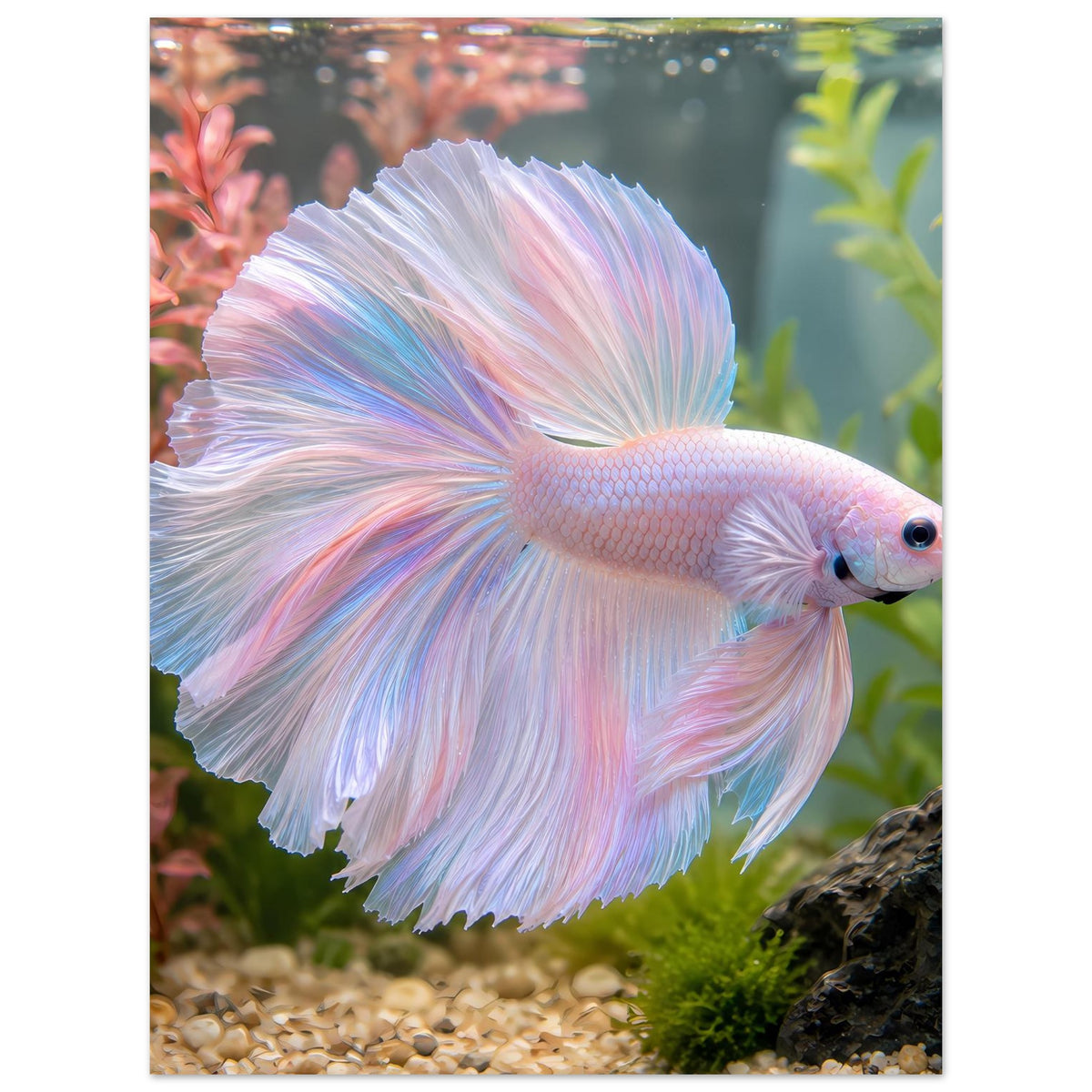 Poster mit Betta-Fisch im Pastell, seitlicher Blick, weiß-rosa-blau schimmernde Flossen