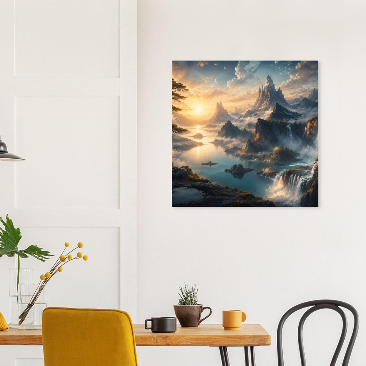 Quadratisches Poster mit Gebirgstal, Wasserfällen und goldener Morgensonne