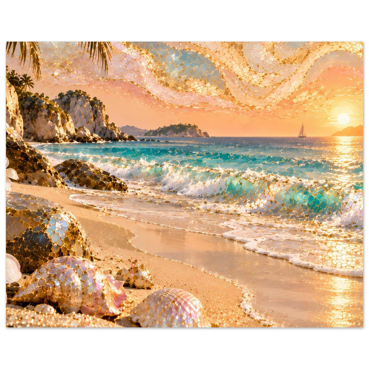 Poster Strand bei goldenem Licht mit Mosaik-Akzenten: Muscheln, Meer und Horizont