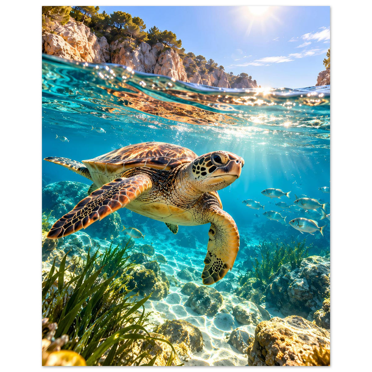 Poster: Meeresschildkröte schwimmt unter Wasser, Hochformat mit Himmel im Hintergrund