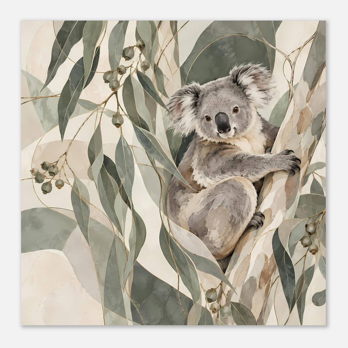 Koala-Porträtposter mit grauem Koala, Eukalyptuszweigen und Blättern in Erdtönen
