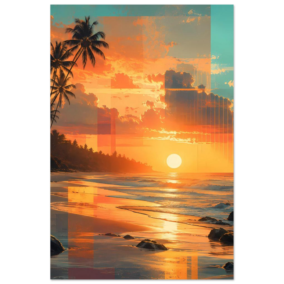 Vertikales Poster: Strand bei Sonnenuntergang, Palmen, Himmel mit orangefarbenem Farbverlauf
