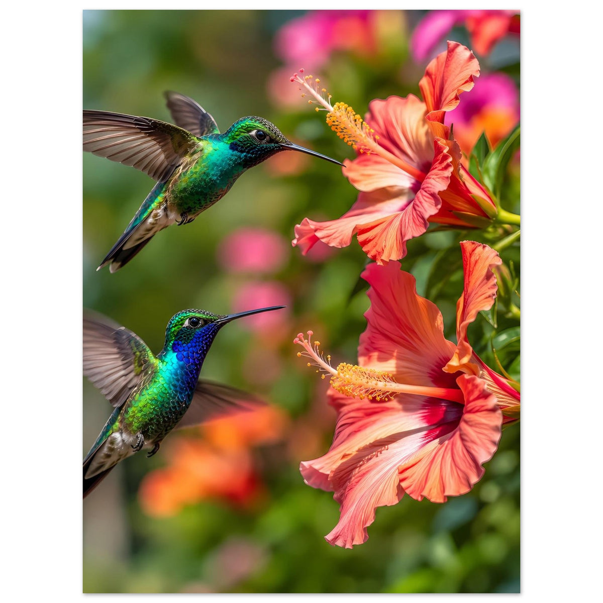 Poster mit zwei grünen Kolibris im Flug vor leuchtenden Hibiskusblüten