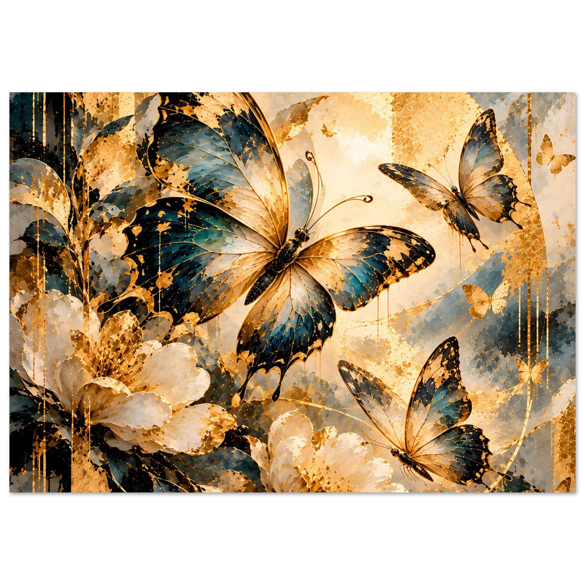 Schmetterlingsposter im Querformat, mehrere Flattertiere und goldene Spritzer im Design