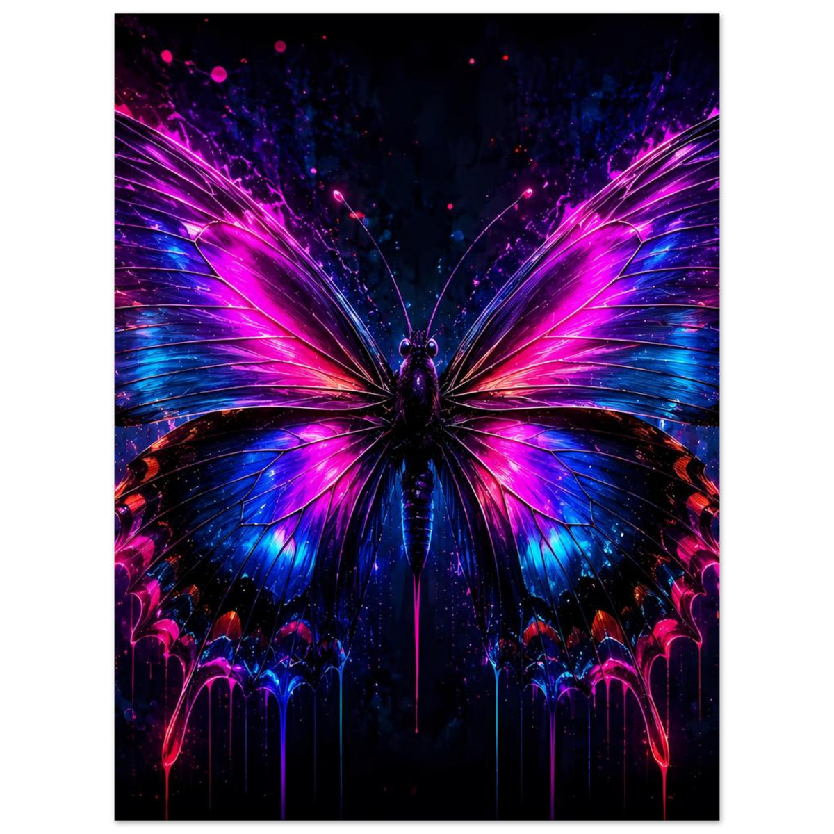 Neon-Schmetterling-Poster, vertikal: leuchtendes Flügelbild in Violett, Blau und Pink