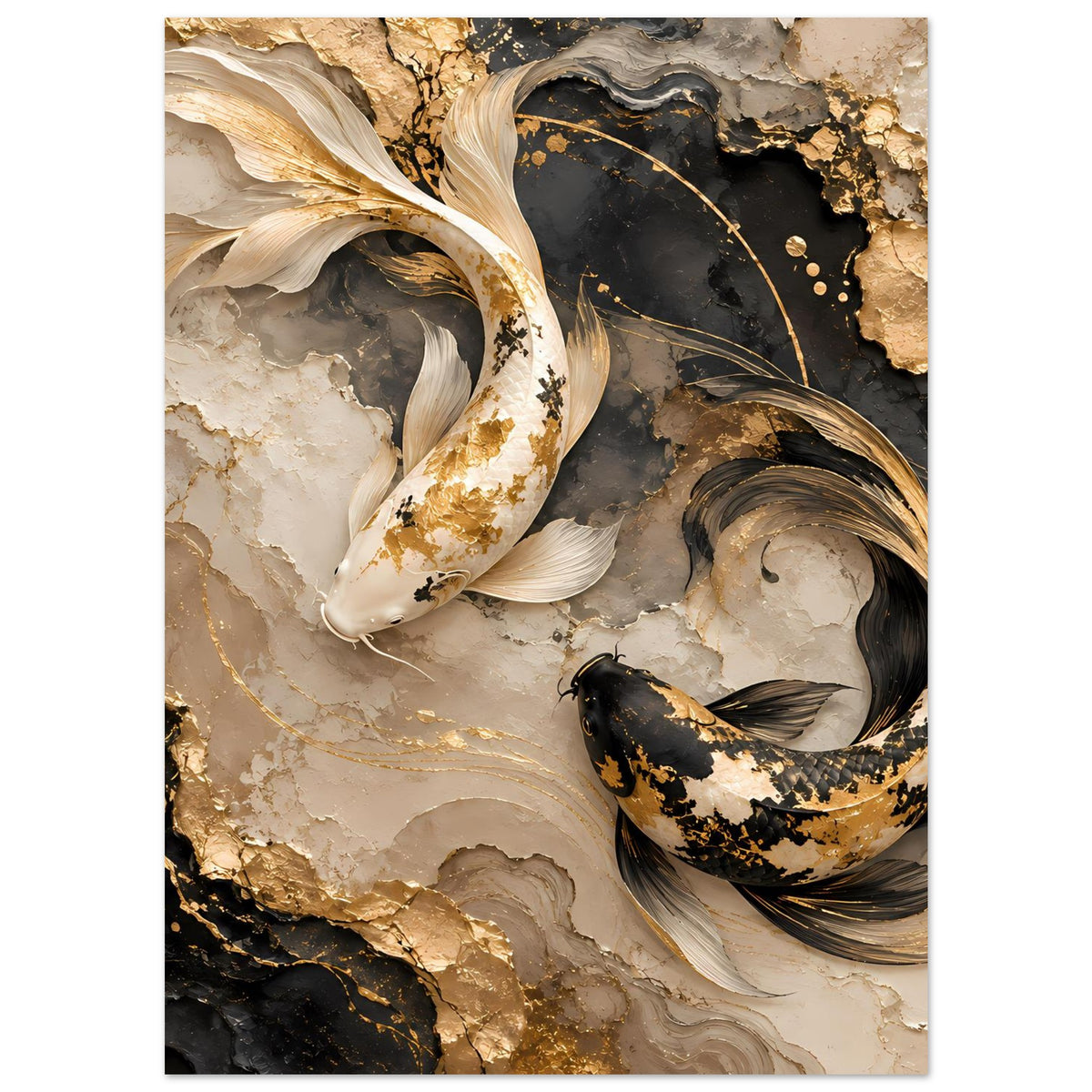 Kunstposter mit goldenen Koi-Fischen auf marmoriertem Hintergrund in Beige, Schwarz und Gold