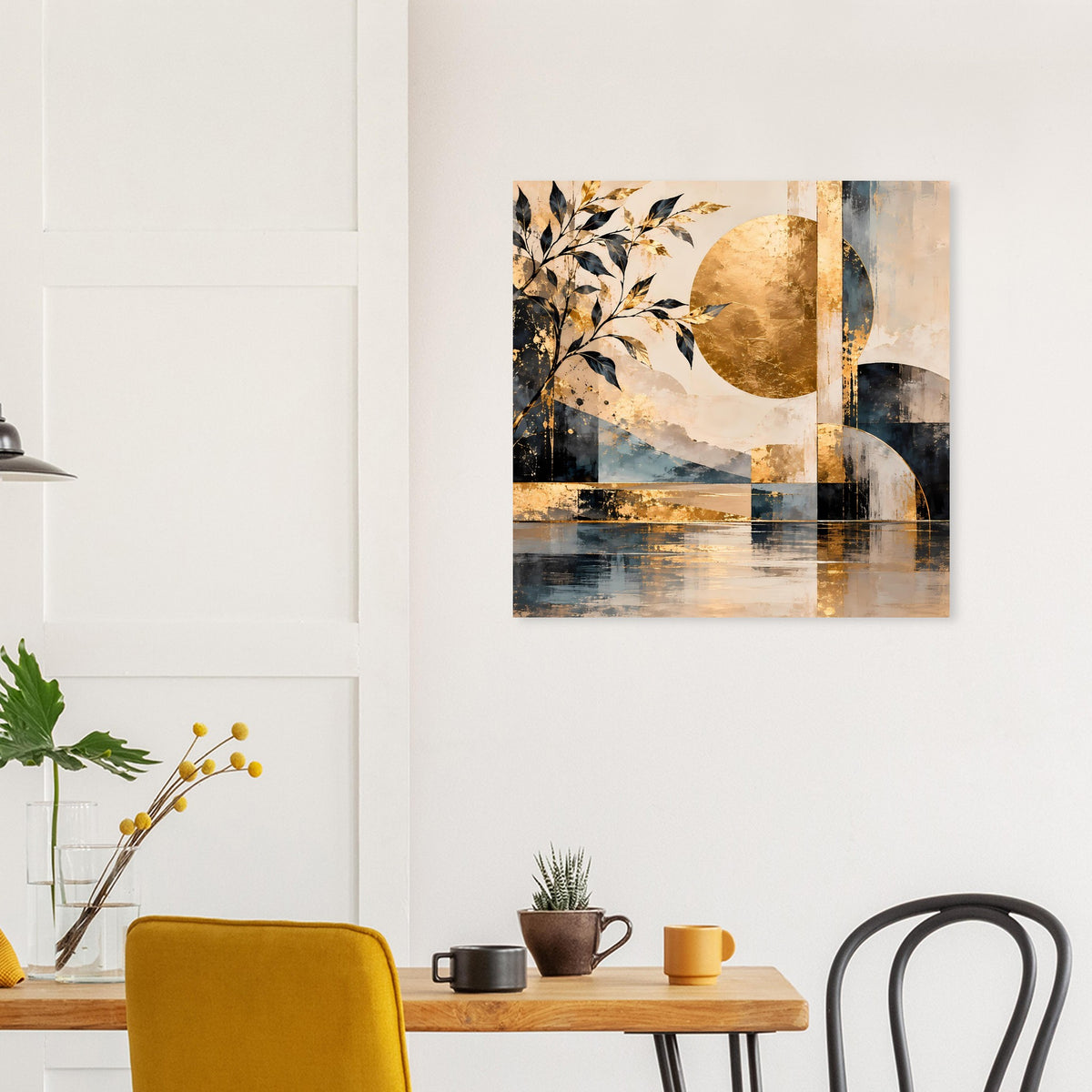 Abstraktes Poster mit goldenem Mond, filigranen Blättern und blau-goldenen Rechteckflächen.