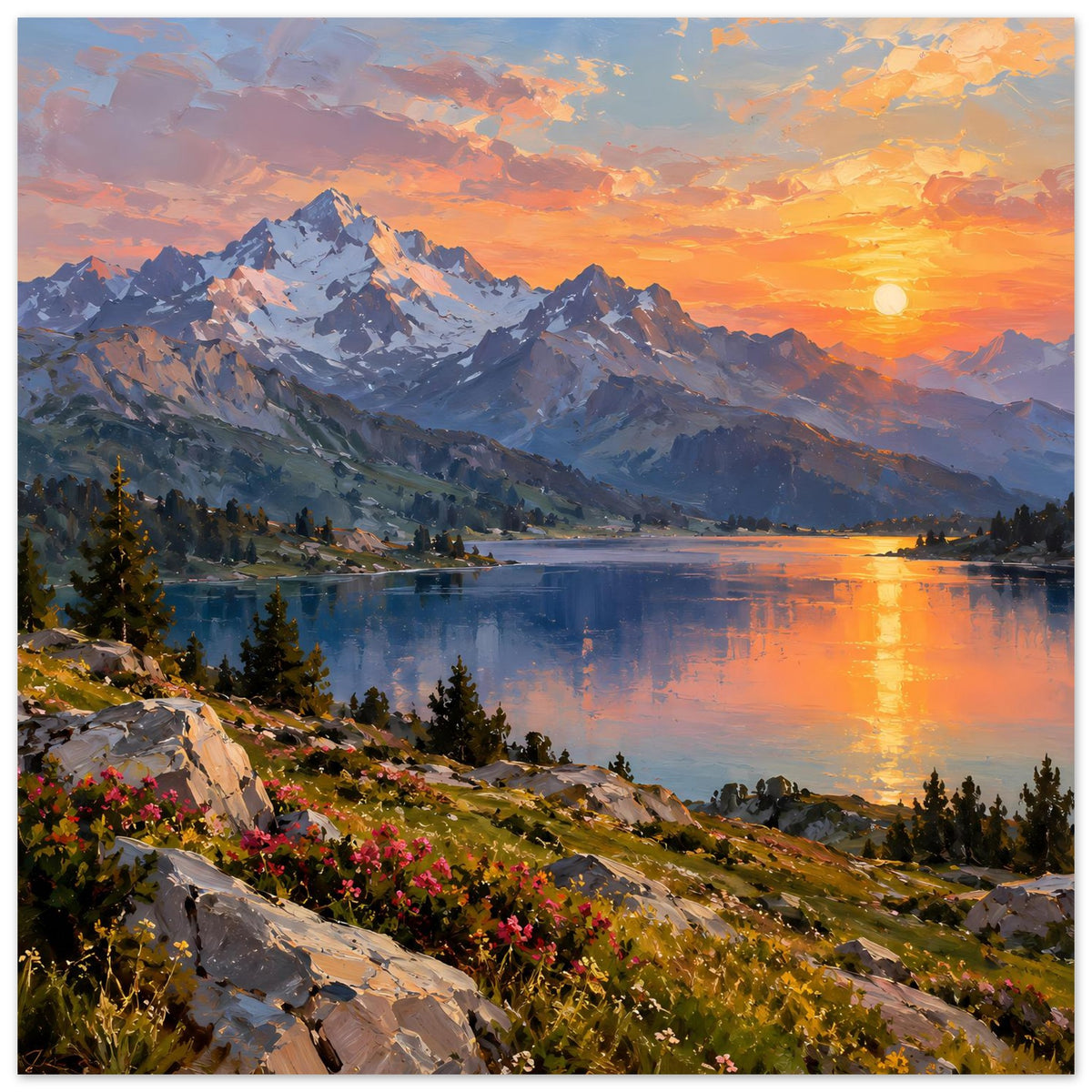 Wandposter mit Landschaftsmotiv: Berge und See im Abendlicht, horizontal, mit Felsen vorn.