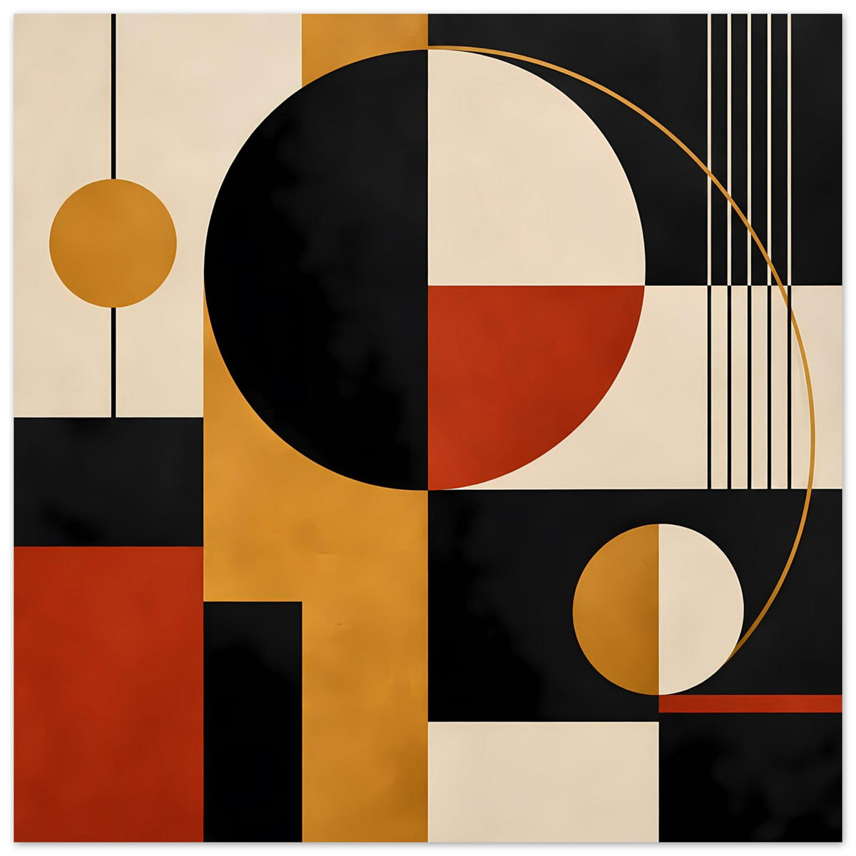 Geometrisches Poster mit Kreisformen, schmalen Linienstreifen und Rechtecken in Gelb, Rot, Schwarz