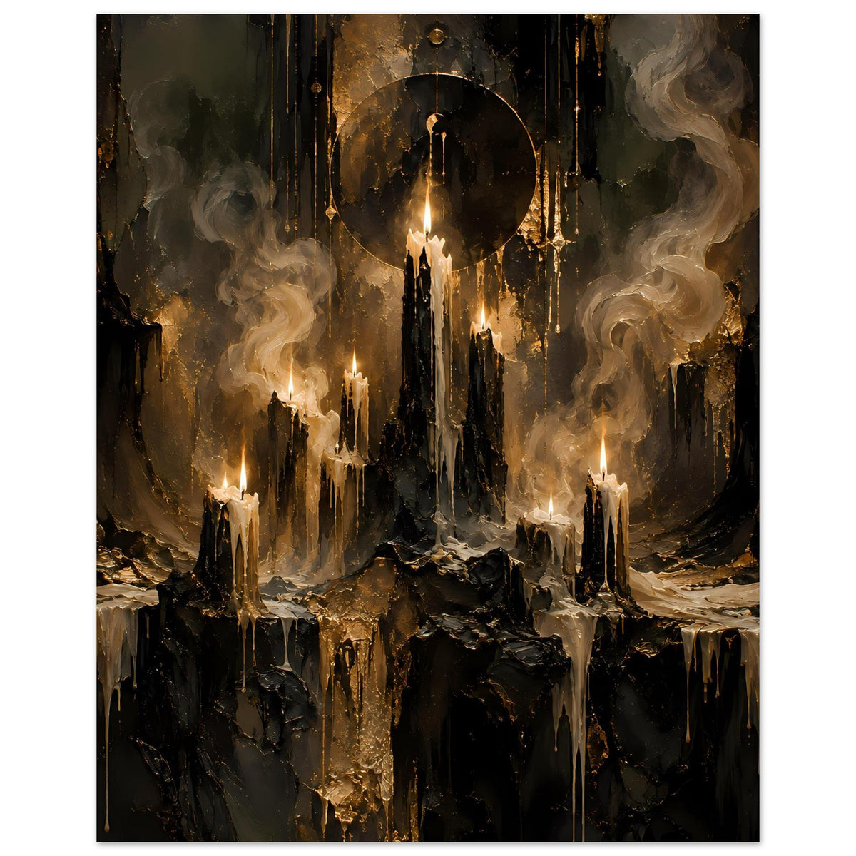 Fantasy-Poster: brennende Kerzen im Kerzenlicht, dichter Rauch und dunkle Goldverläufe