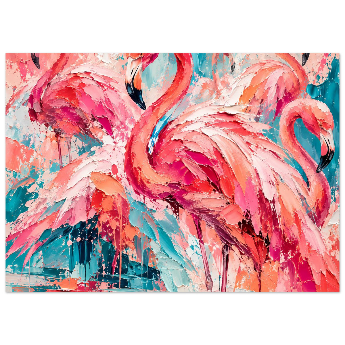 Expressives Vogelkunst-Poster: zwei abstrakte Flamingos in Pink/Türkis, Pinselstriche und Spritzer
