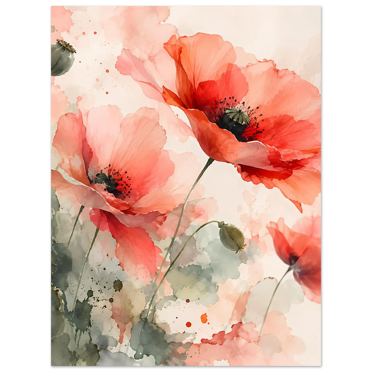 Aquarell-Poster mit Korallrosa Mohnblumen und grünen Blättern, mit Knospen und Blüten