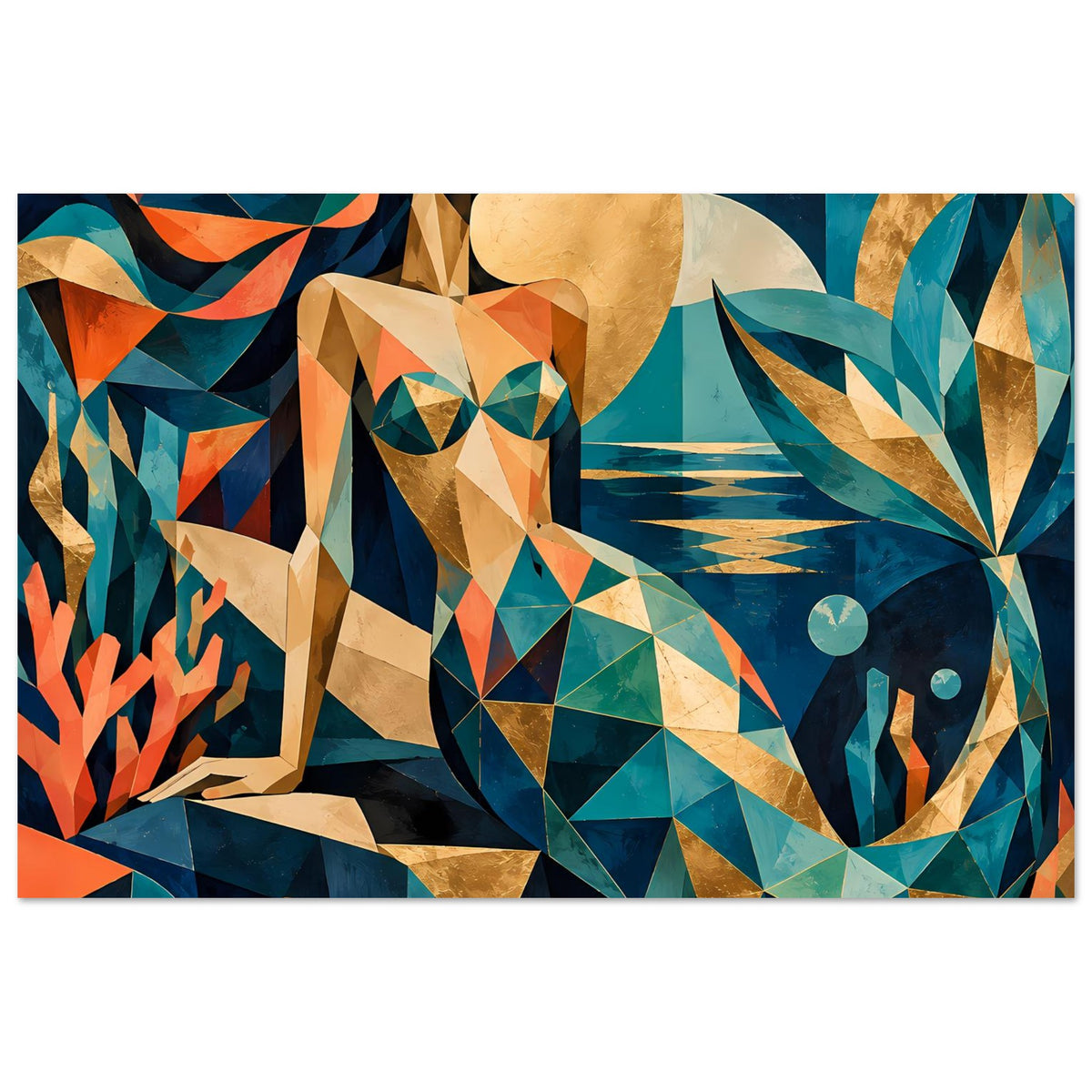 Kunstposter mit geometrischer Meerjungfrau und Wellenformen, Türkis und Koralle, Querformat