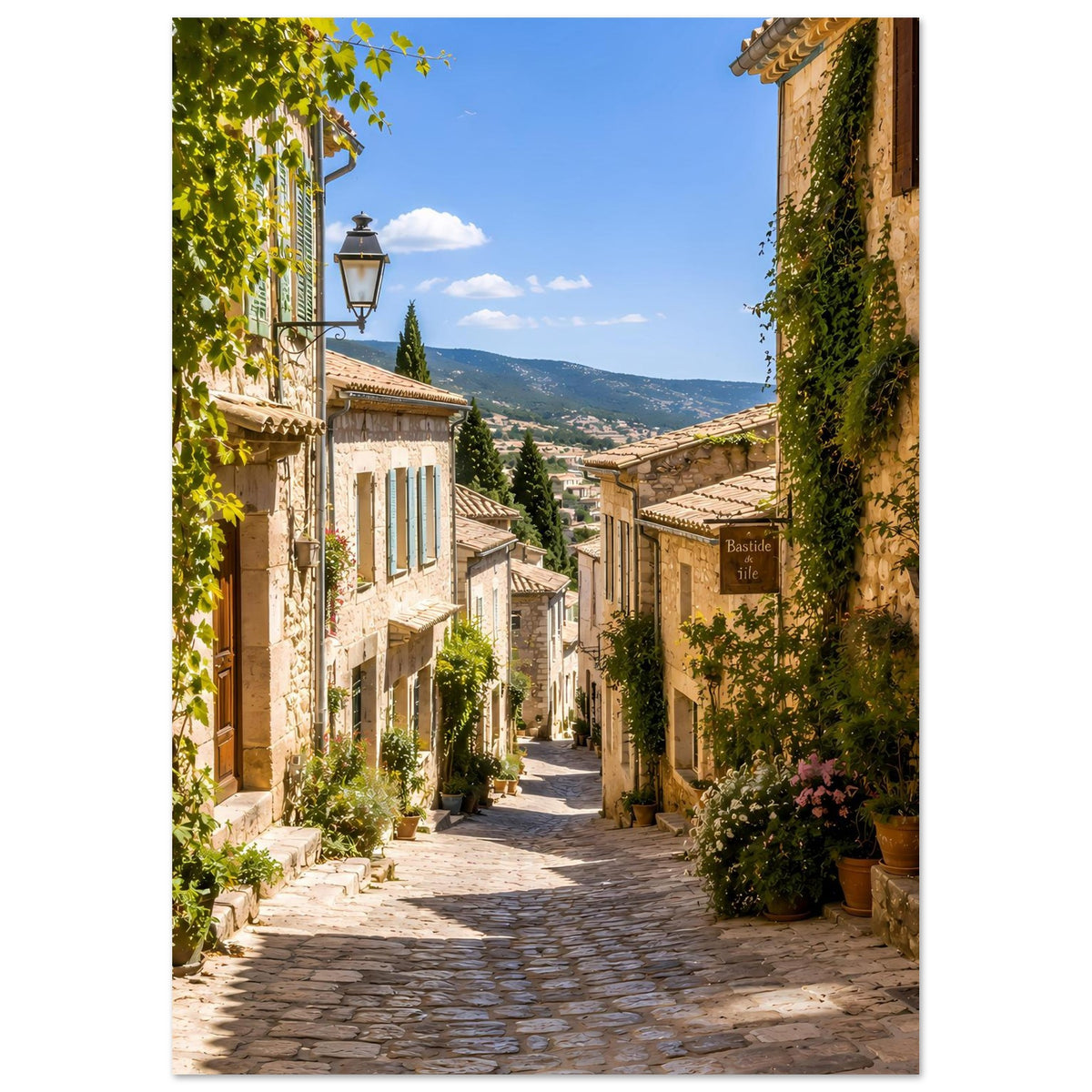 Mediterranes Straßenposter: schmale Gasse zwischen Stein- und Holzfassaden mit Efeu