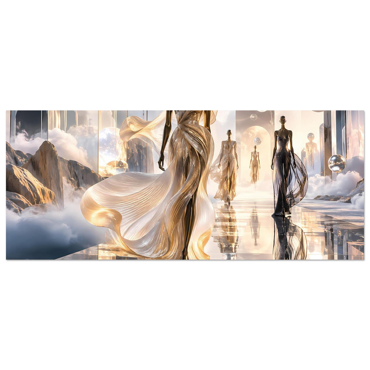 Horizontales Kunstposter, Panorama: goldene Figur im Kleid, mehrere Laufsteg-Silhouetten