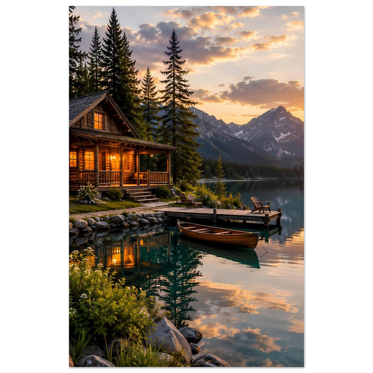 Hochformat-Poster: Holzhaus am Seeufer mit Boot am Steg und Tannen im Abendlicht