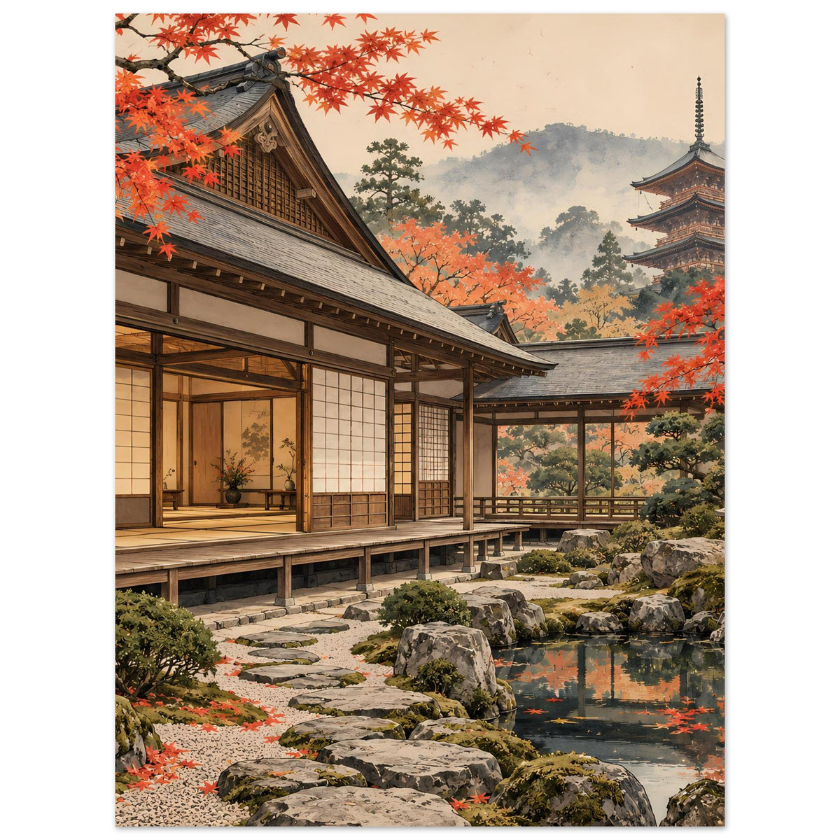 Japanisches Herbstgarten-Poster: Holzhaus mit Veranda, rotes Laub, Teich und Pagode