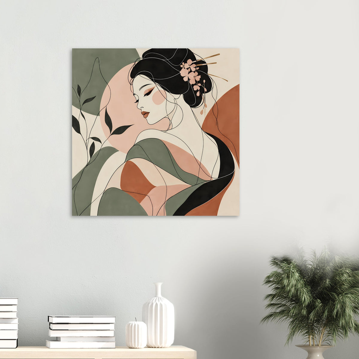 Gerahmtes Zen-Poster, Geisha im Seitenprofil mit grünem Gewand, rosa Blumen im Haar