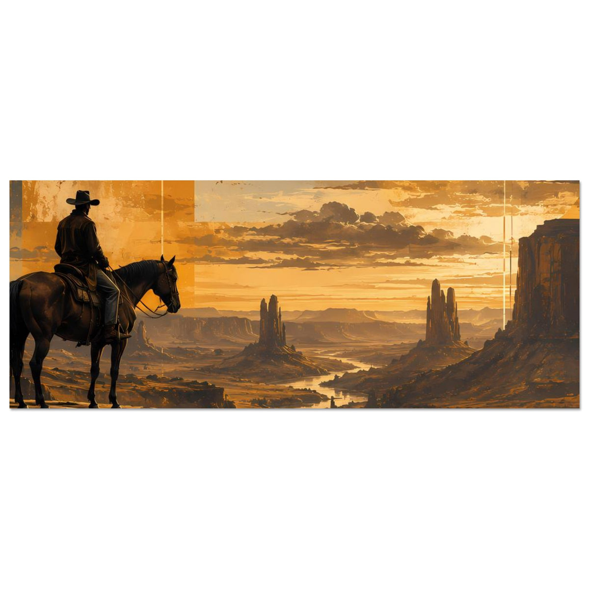 Horizontales Wandposter mit Cowboy auf Pferd, Canyonlandschaft und goldenem Sonnenuntergang