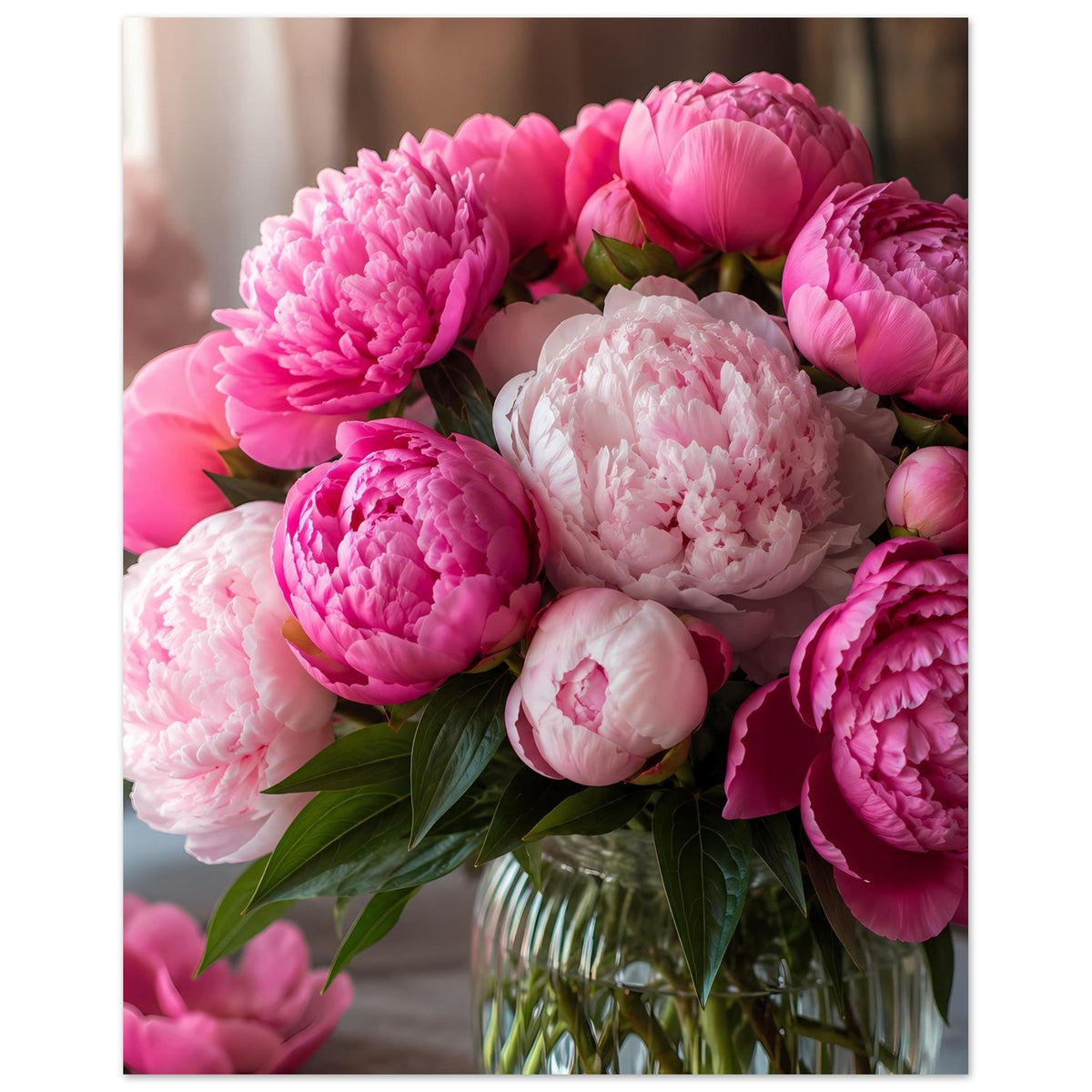 Poster: Pfingstrosenblüten in Pink, Rosa und Weiß, Vase mit grünem Laub