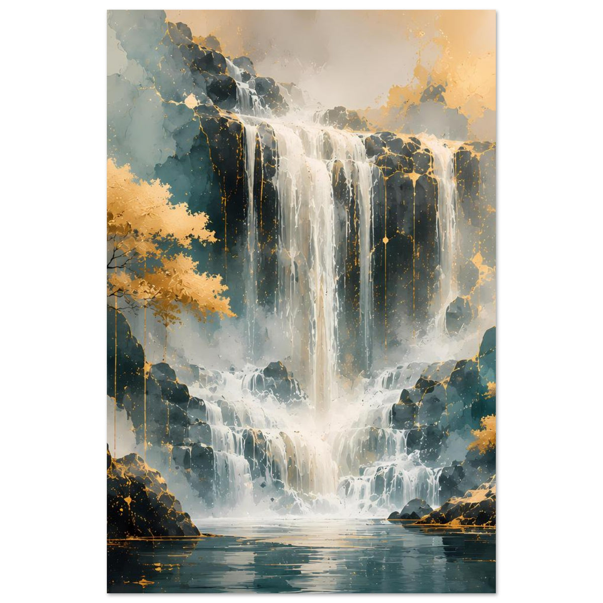 Poster mit Wasserfall, gold- und blaugrauen Wolken, Felswände und Wasserlauf