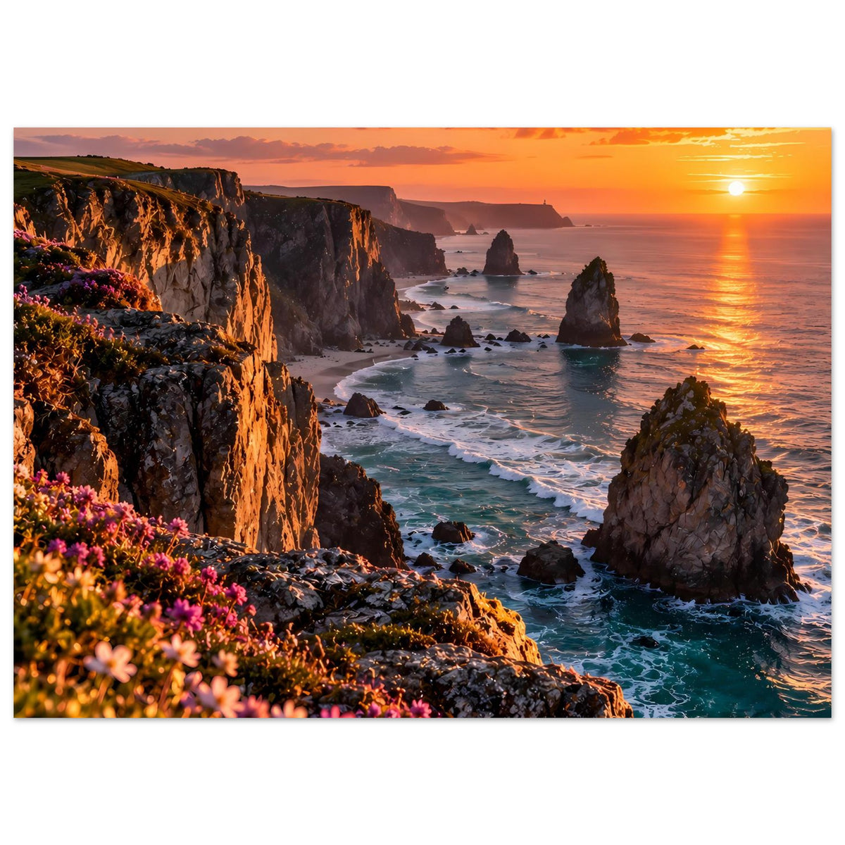 Horizontales Poster mit Küstenklippen, Felsen im Meer und Sonnenuntergang über der Küste