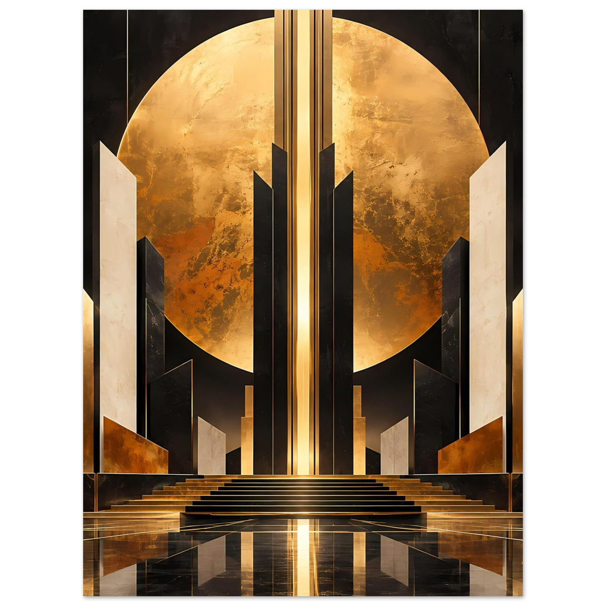 Vertikales Art-Deco-Poster: goldenes Rundmotiv mit schwarzen Architekturelementen